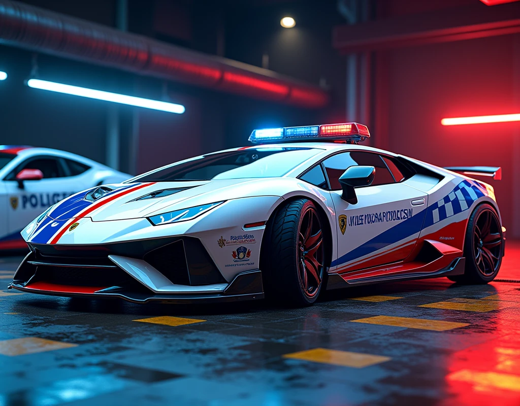 Lamborghini white car, siren blue red. Chequered Flag blue yellow stripeon the lower door." Police Diraja Malaysia "stripe on the car.