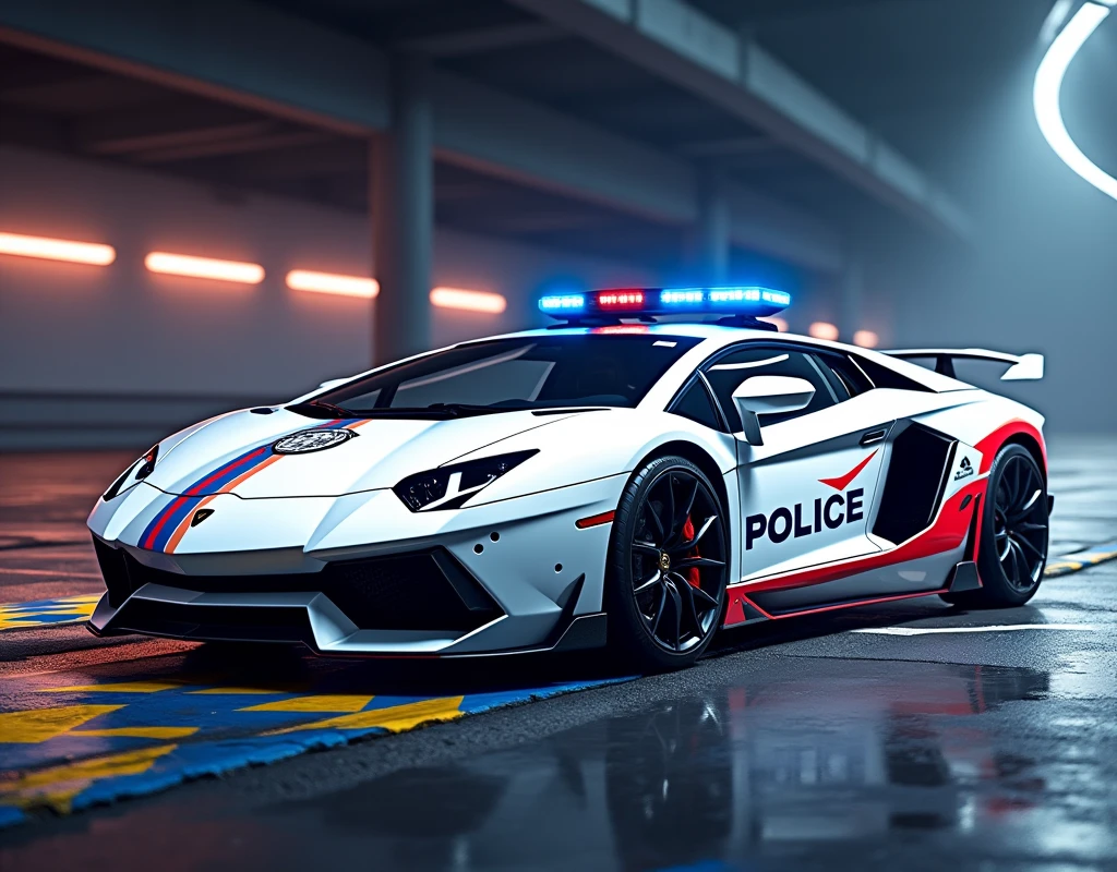 Lamborghini white car, siren blue red. Chequered Flag blue yellow stripeon the lower door." Police Diraja Malaysia "stripe on the car.