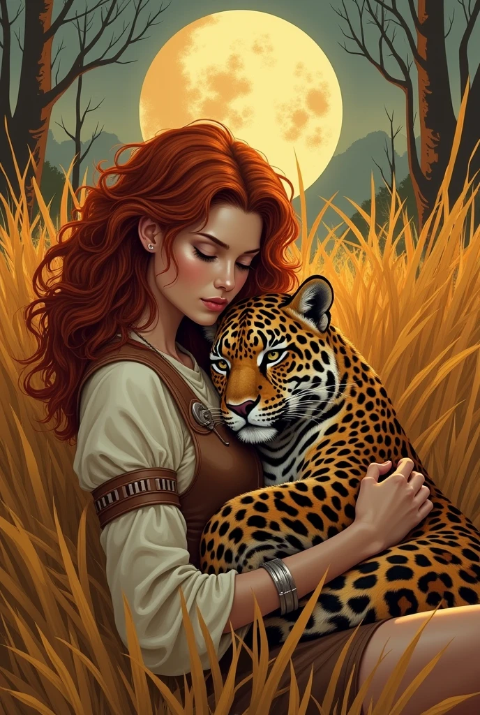 Beautiful female ranger shoulderlength unruly curly dark red hair short light white leather armour longbow lying in high grass with big dark jaguar cat harvest moon autumn light art deco style