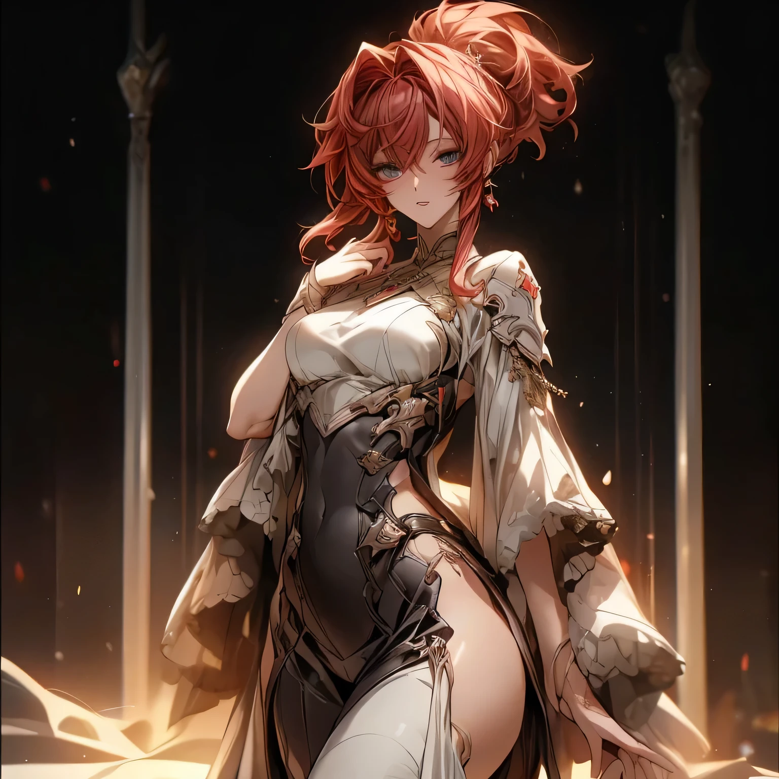 (best quality)), ((Masterpiece)), (details:1.4), 3d, HDR (high dynamic range), Image of a beautiful cyberpunk girl., red hair, high ponytail, Sleek style, golden eyes, hips up, High nose, red lips, big breasts, nvidia RTX, PBR surface, After processing, Anisotropic filtration,depth of field, Maximum clarity and clarity, multi-layered surface, subsurface scattering, perfect proportions, 8K raw files, มีdetailsมาก, perfect proportions, Volumetric light, soft light, Holy Knight, Heavy armor, Shiny skin, castle background, decorations, earring, Perfect Fingers,