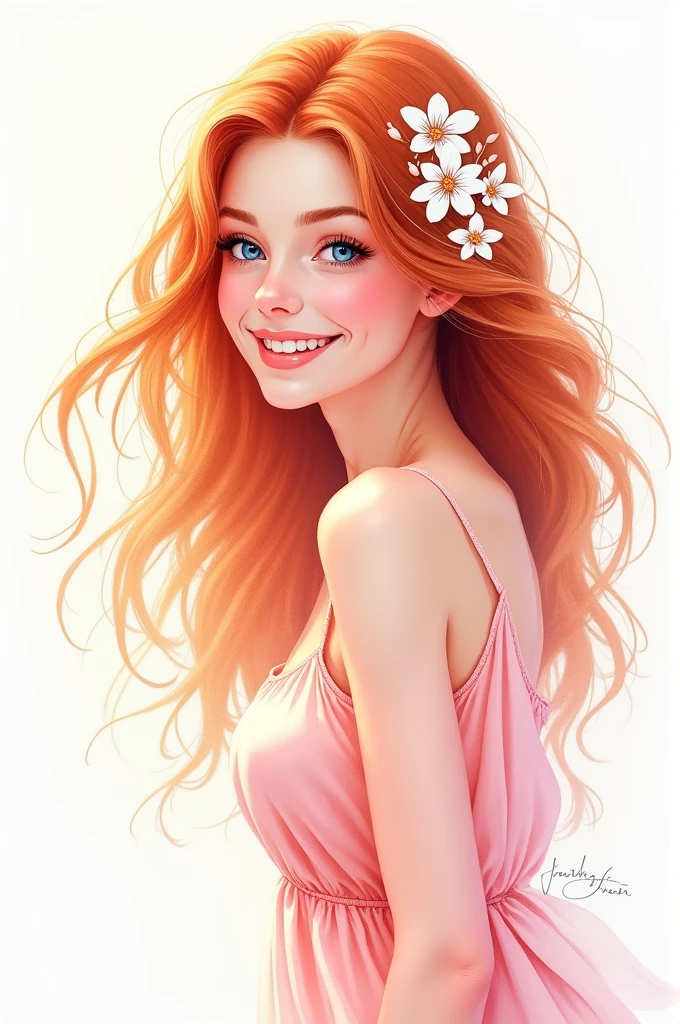 Illustration digital, aérographe, aquarelle à l'huile, d'une femme souriante, au cheveux rouge et aux yeux bleu des fleurs blanche dans les cheveux avec un robe d'été léger rose, centrée sur fond uni blanc