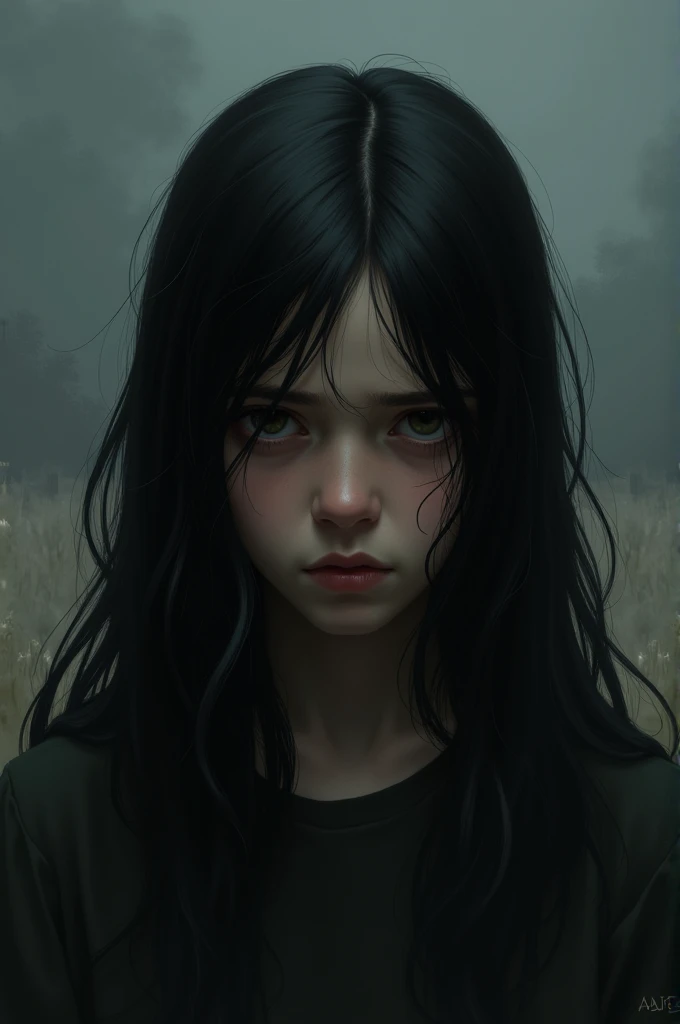 Sad long black hair boy 