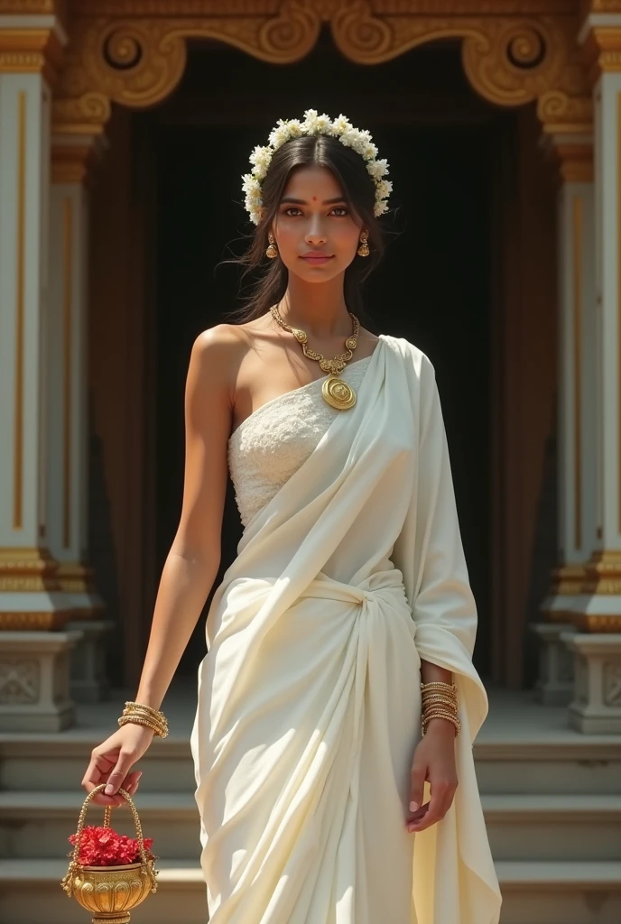 Kerala girl standing wearing white traditional saree and having a white garlet on her head with white small flowers and holding a small hanging basket made with gold filled with red flowers of visiting to kerala temple exposing her nacked breast