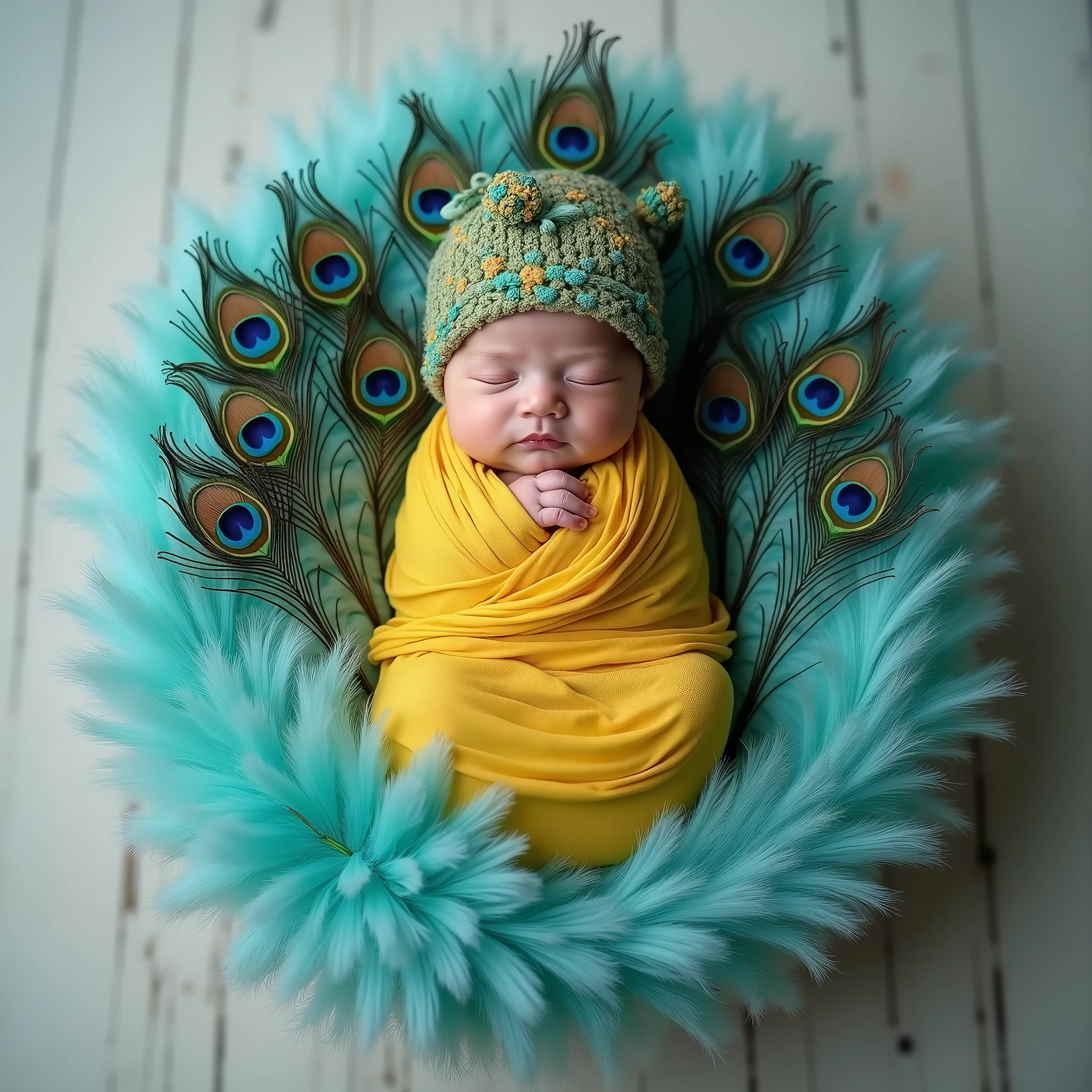 arafed baby in a yellow wrap is wrapped in a peacock feather, peacock feather wrap the head, whole body photography, award winning studio photo, national geographic photoshoot, 9 brilliant peacock tails, inspired by Anne Geddes, anna nikonova, peacock, national geographic photo shoot, cute photo, full body photography, full costume