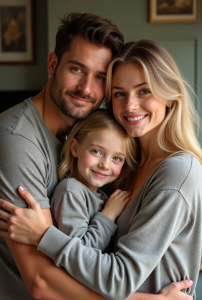  blonde  8 year e eyes hugging her father medium brown hair and brown eyes and her mother blonde green eyes long hair in london home 8k ultra realistic photorealistic 