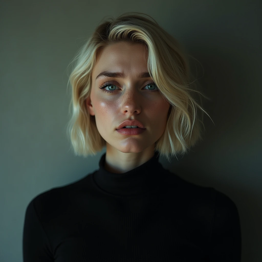 blue eyes, Blonde, Shortcuts, One person, High resolution, accessories, Textured skin, Bob Hair, Highlight color hairstyle, Contemptuous eyes, I want to cry, Sad, A seductive smile, Black clothes