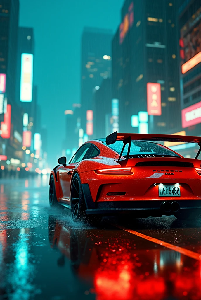 porsche 911 gt3 rs in cyberpunk neon city with teal and orange neon lights and rain