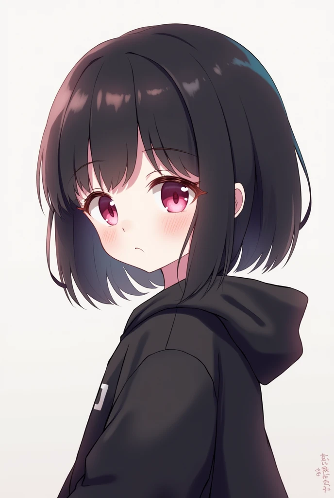 cute character with medium black hair and bangs, white skin and black sweatshirt and pink eyes, anime style for profile picture
