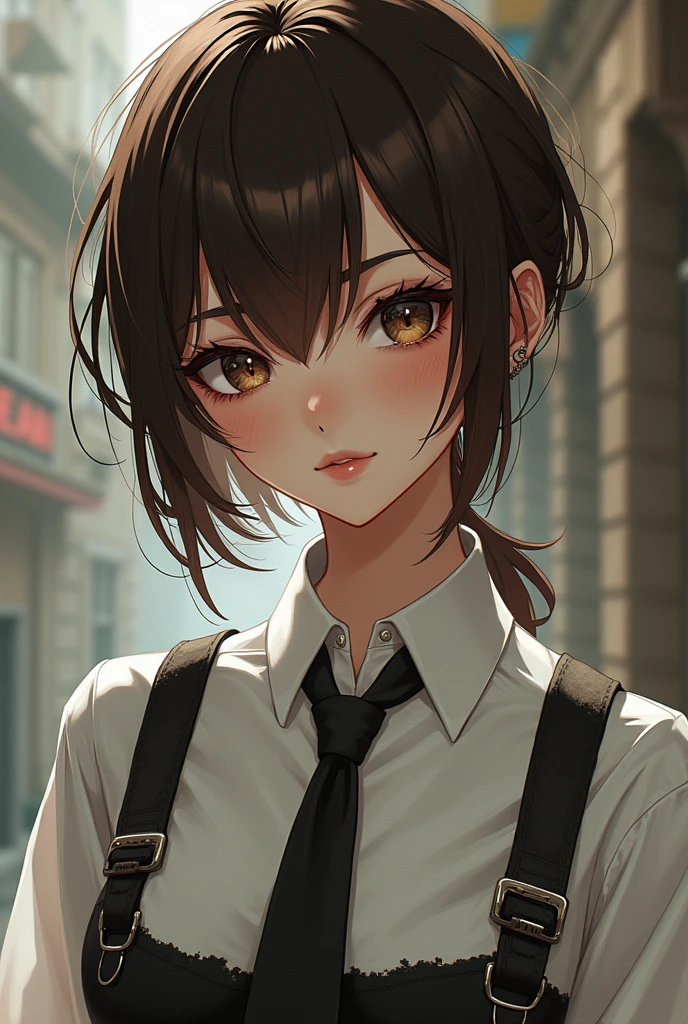 Girl, Brown Hair, wolfcut, black necktie, white Shirt, eyebrow Piercing, middle esatern, anime