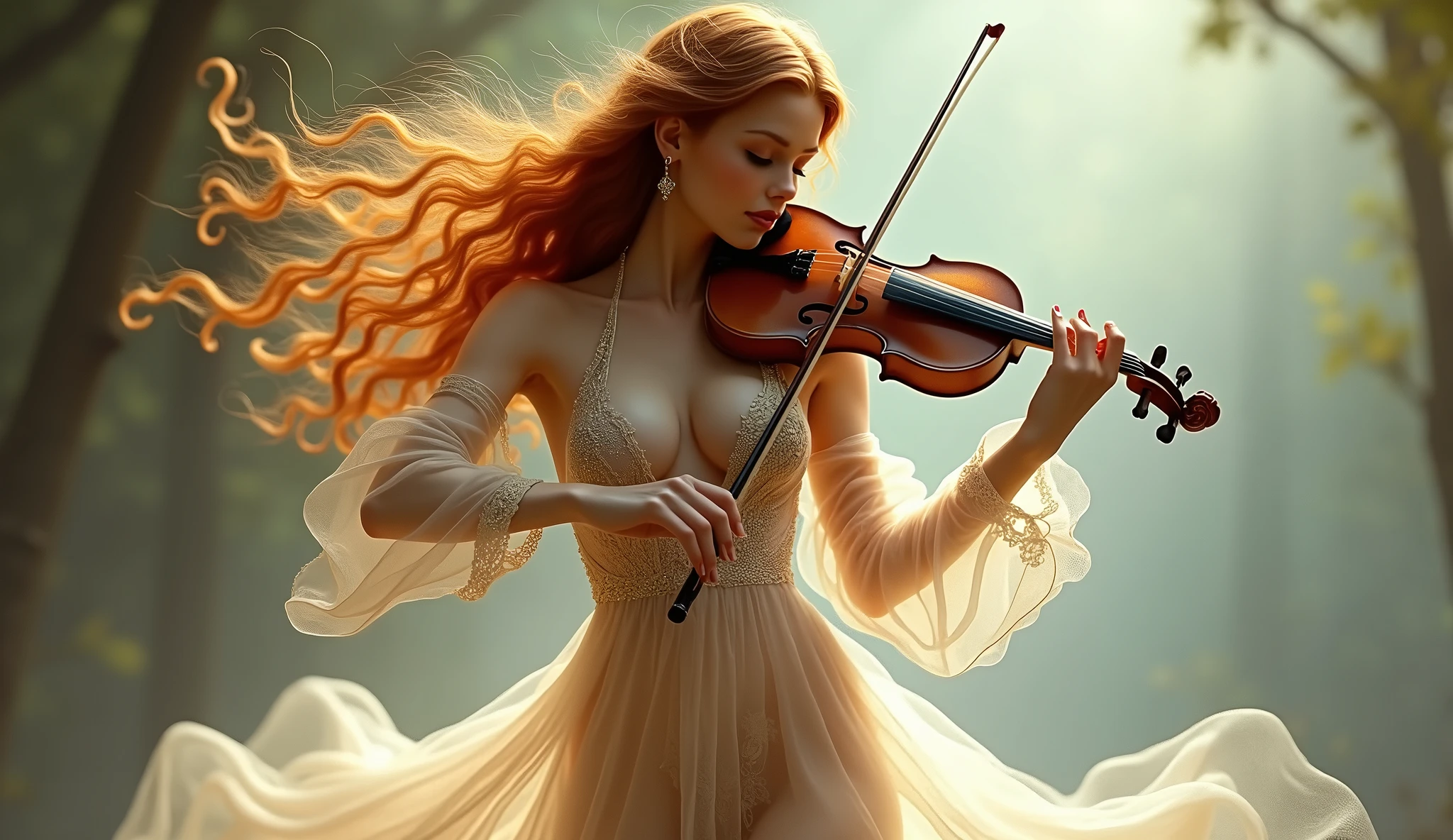 Jeune fille gros seins assise en robe violine cheveux orange long