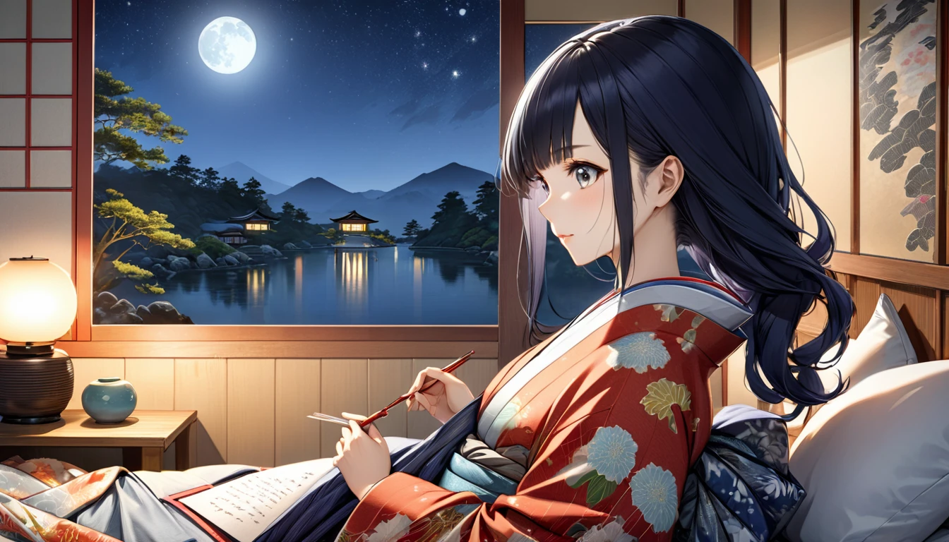 anime, A beautiful young Japanese woman with long black hair, soft moonlight illuminating her face, The background has a summery atmosphere, cozy bedroom setting, romantic and tranquil atmosphere, photorealistic, Highly detailed Ukiyo-e, Japanese painting, woodblock print, anime, manga, comics, figure, Beautiful woman, Wearing colorful open-necked kimonos, 窓からnight空,Staring dreamily at a love letter、The soft moonlight illuminates her face、Cozy bedroom setting、Romantic and tranquil atmosphere、Photorealistic、Very detailed,night