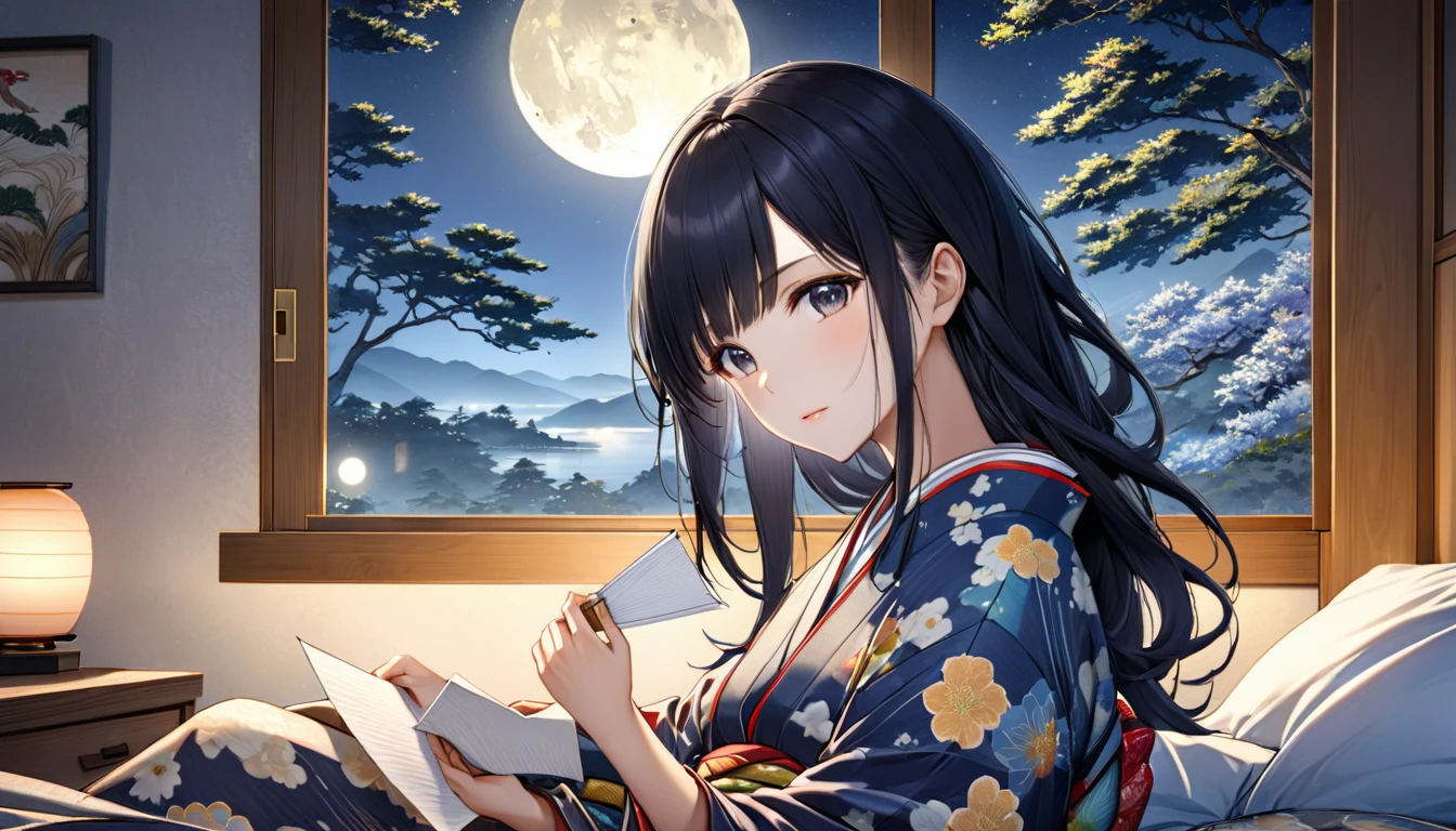 anime, A beautiful young Japanese woman with long black hair, soft moonlight illuminating her face, The background has a summery atmosphere, cozy bedroom setting, romantic and tranquil atmosphere, photorealistic, Highly detailed Ukiyo-e, Japanese painting, woodblock print, anime, manga, comics, figure, Beautiful woman, Wearing colorful open-necked kimonos, 窓からnight空,Staring dreamily at a love letter、The soft moonlight illuminates her face、Cozy bedroom setting、Romantic and tranquil atmosphere、Photorealistic、Very detailed,night