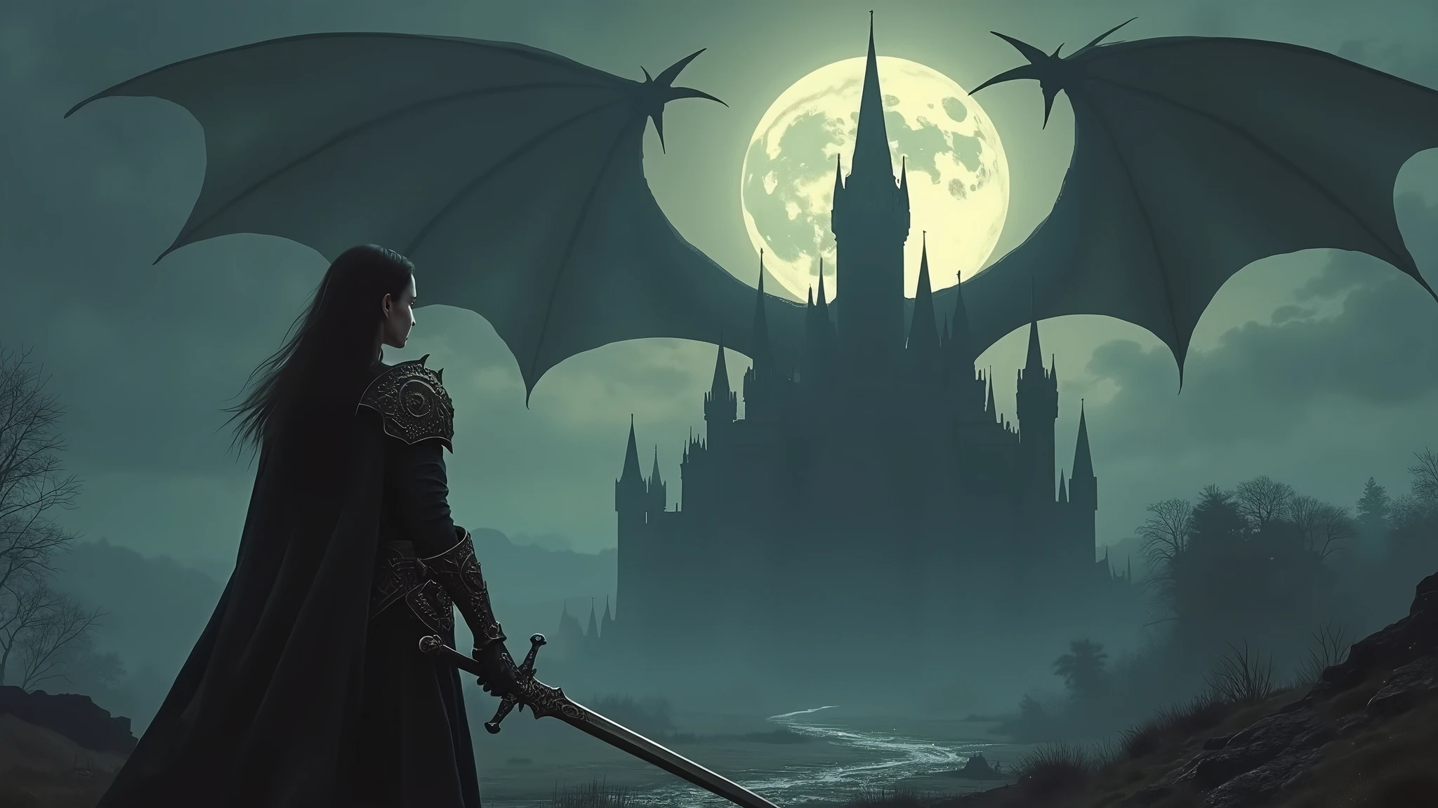 Dark atmosphere, distant view from left behind, moon light, woman wearing armor, holding a sword, epic gothic medieval castle on the right, epic gigantic shadow of dragon's wings behind the castle, dark fantasy art, epic landscape, master piece, highly detailed castle,