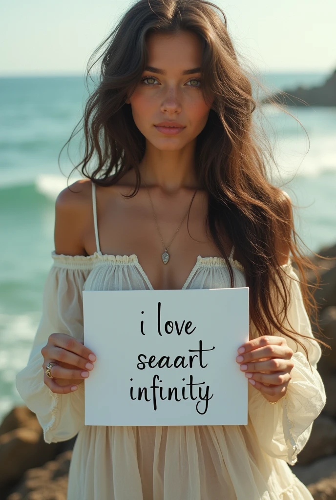 Beautiful girl with wavy long hair, bohemian dress, holding a white board with text "I Love Seaart Infinity" and showing it to the viewer