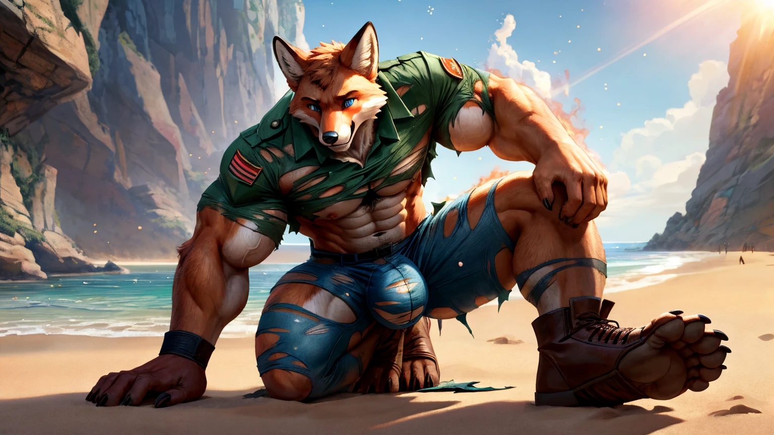 A human army officer (((((partially transformed))))) into an (anthro muscle red fox) on a beach. (((human legs))), ((human feet)), (shocked expression), (ripped clothing), broad shoulders, big biceps, (((big feet))), (detailed red fox face), male focus, detailed eyes, high quality, best quality, concept art, photorealistic, (((midtransformation))), Mid transformation, Masterpieces, furry, male, Anthropomorphic, red fox, blue eyes, black mark, veiny, thin body, age 20, Delicate eyes, furred body, war veteran, anime, on a beach, perfect lighting, light particles, (best quality), (masterpiece), (ultra detailed), sharp focus, light particles, detailed barren background, green military, black polo, fierce look, soldier look, full body, eight pack abs, on all four, torn boots, ripped clothes Looking is right hand, A huge bulge in the crotch pants,