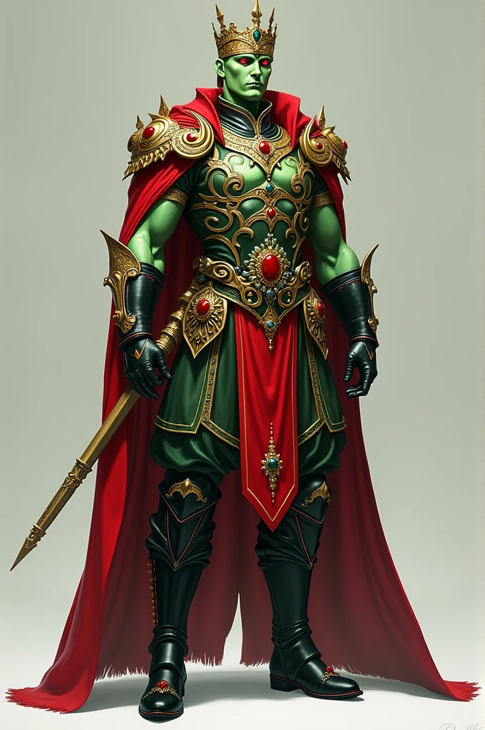 Character with a pale green rocker decorated with bright red and black colors a crown on his head of gold with red a Soldier costume with black spots decorated with pale green and Prince decorations on his costumes black shoes decorated with very dark green and red a soldier prince pants with jewels on his neck is a dangerous fighter side in te that soldier prince