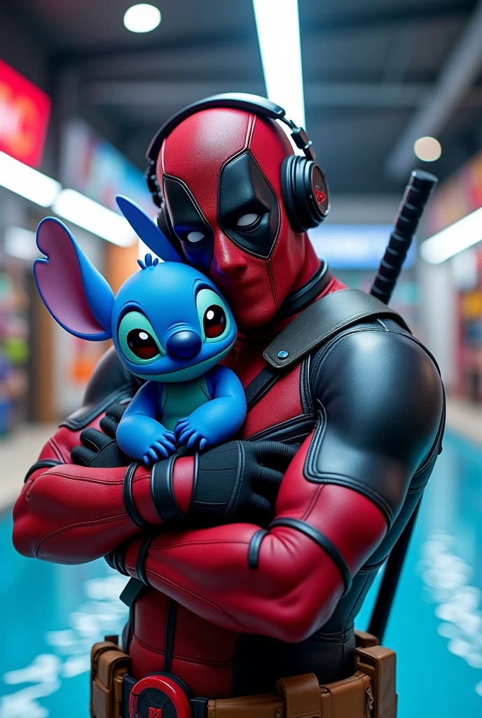 POOLSTORE large print with dead pool with gaming headphones holding Stitch in his arms