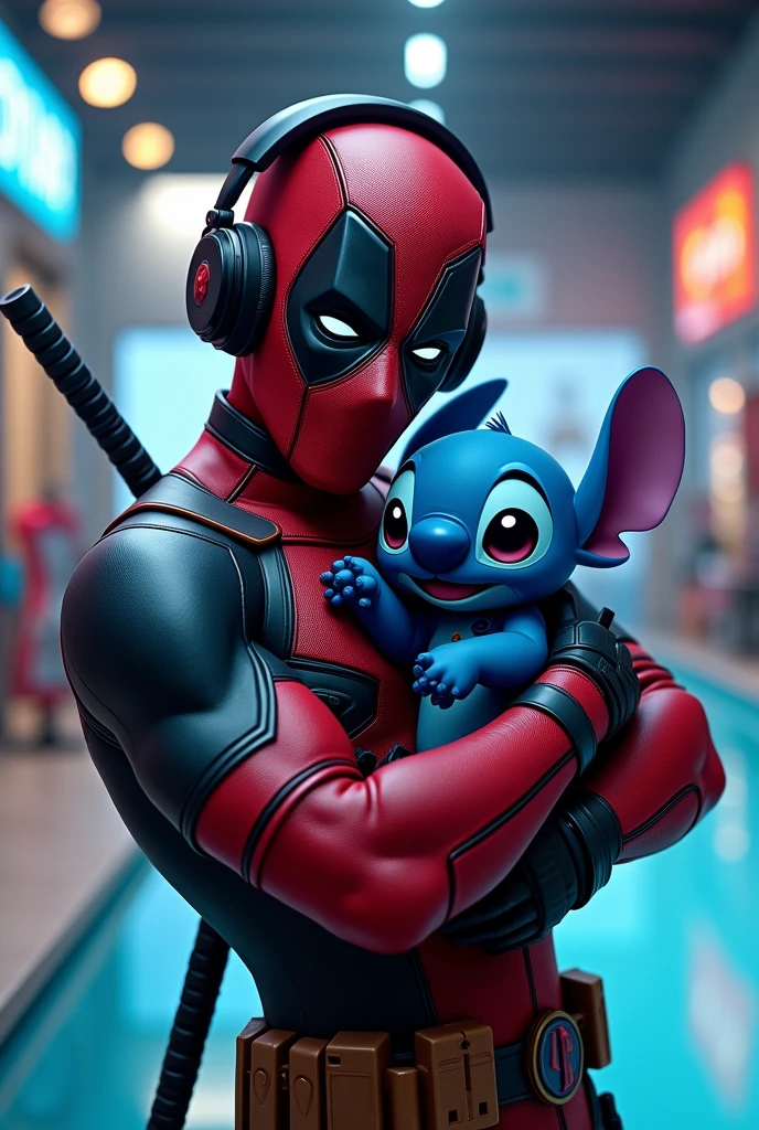 POOLSTORE large print with dead pool with gaming headphones holding Stitch in his arms