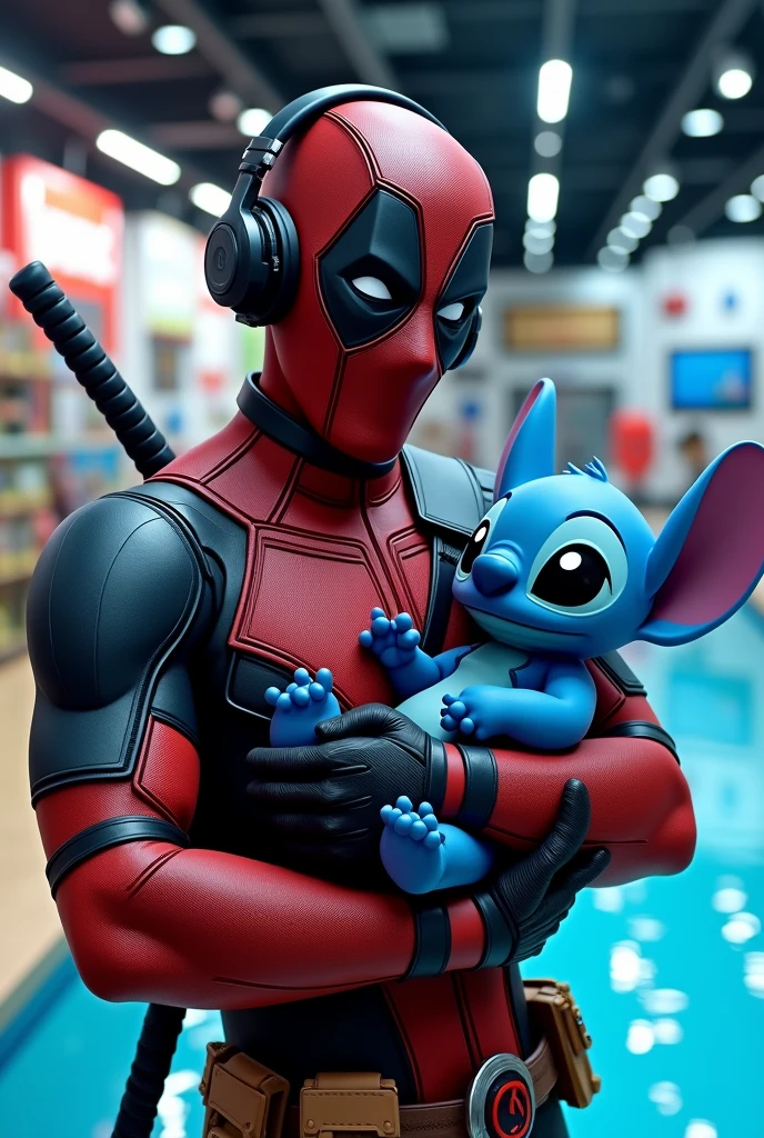 POOLSTORE large print with dead pool with gaming headphones holding Stitch in his arms
