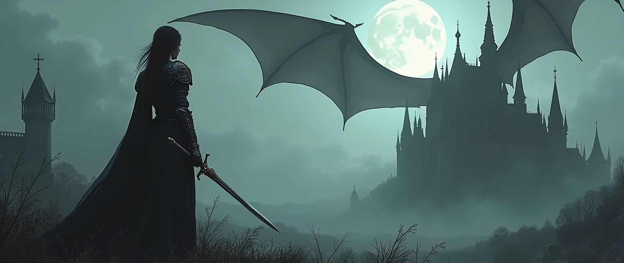 Dark atmosphere, distant view from left behind, moon light, woman wearing armor, holding a sword, epic  gothic medieval castle on the right,  epic gigantic shadow of dragon's wings behind the castle in both side, dark fantasy art, epic landscape, master piece, highly detailed castle,