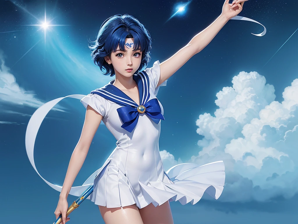 Best Quality, Masterpiece, Ultra High Resolution, (Realism: 2), Original Photo, A Twenty-Year-Old Girl, (Sailor Moon: 2.1) ((Ami Mizuno/Sailor Crystal, Sailor Mercury)), Charming Smile, Short Hair, Short Blue Hair, Vibrant Blue Eyes, Short Skirt, Looking at the Viewer, Mercury in the background, Dynamic Pose, OC Rendering, Water Splashing