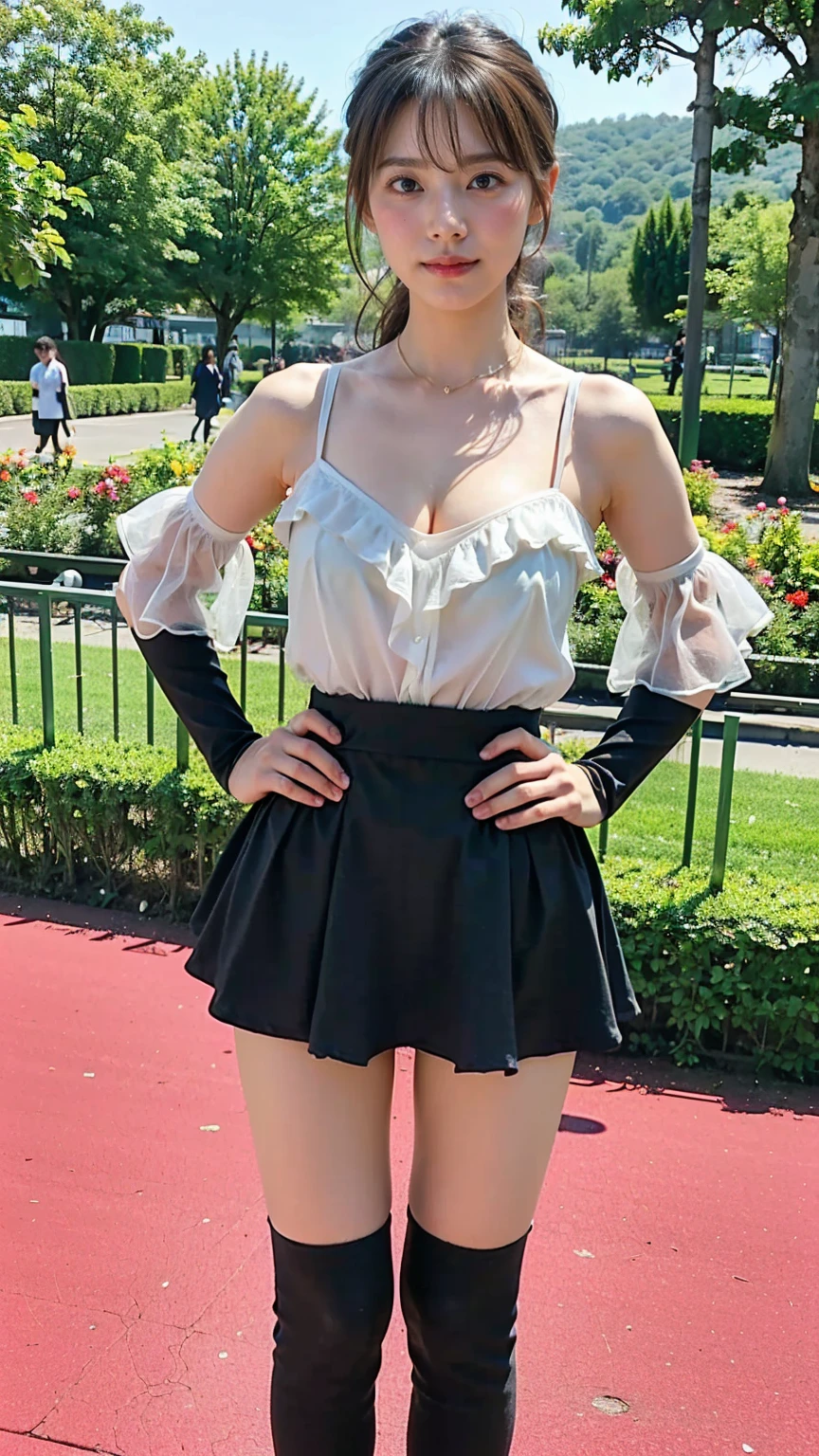 (8k、RAW Photos、Highest quality、masterpiece:1.2)、(Realistic、Realistic)、1 person、((black、Cleavage、See-through、garden、Frills、tights、mini skirt、Thin legs、whole body、boots、View from the front、Looking into the camera、Stand with hands on hips))、cute