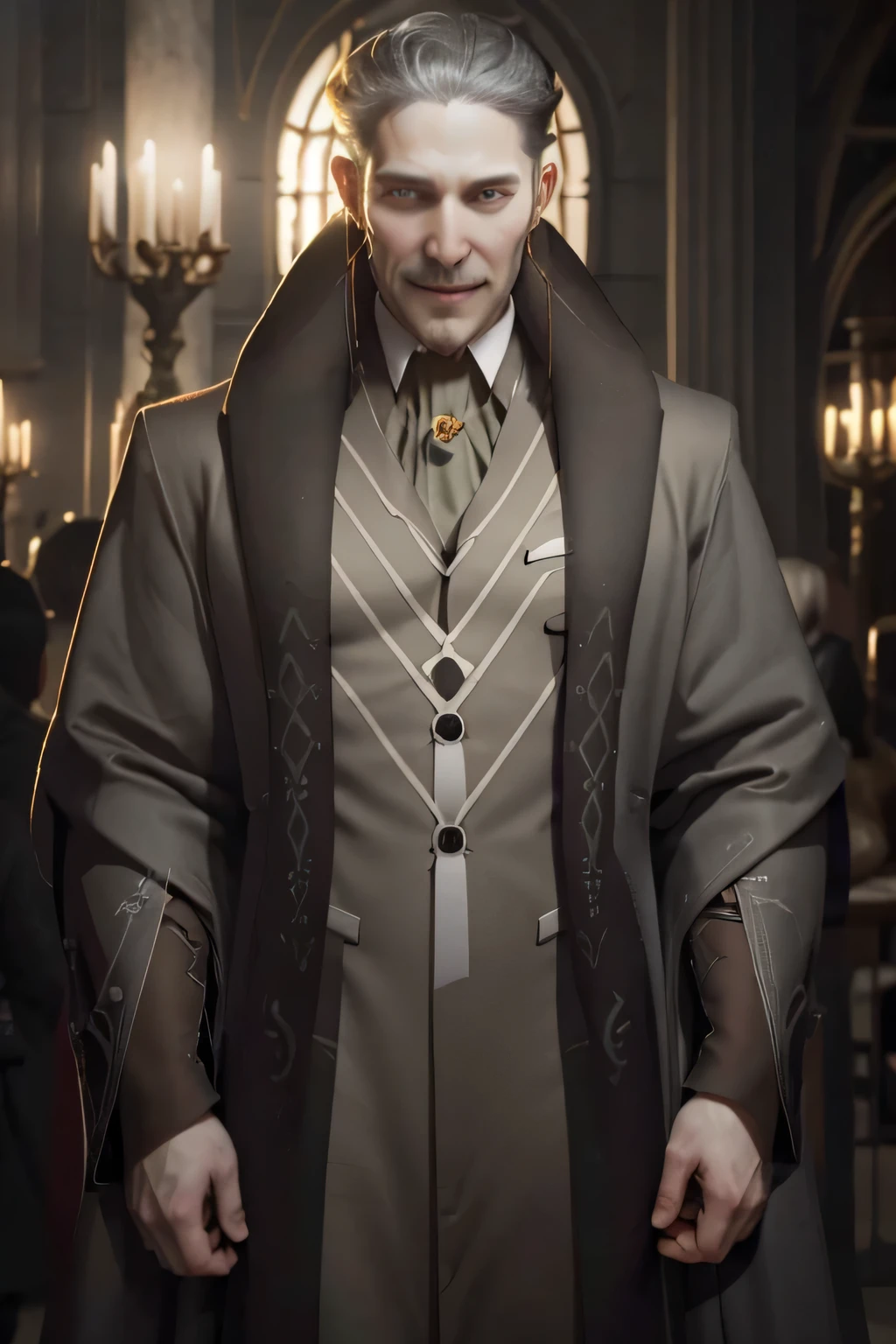 1man, vampire, handsome, pale grey skin, prominent muscular body, seems longer fangs, smile, shining red eyes, Art Nouveau Style, wearing Nouveau Suitcoat paired in Psychedelic shoulders robe and covered up, nouveau-psychedelic background, hd, high quality, realistic-style, ultra-realistic, hyperrealistic, closer distance face, closer distance head, his distance pressing against me, 8k resolution
