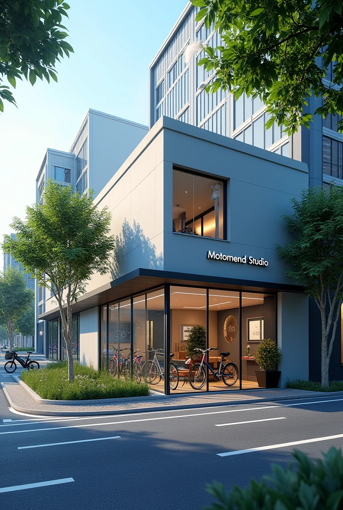 Generate a realistic image of a beautiful roadside city area featuring a modern bike servicing center with the brand name 'MotoMend Studio'. The servicing center should have a sleek design with large glass windows, modern signage, and a clean, organized exterior. The surroundings should include a well-paved road, trees, and nearby buildings to give a vibrant city feel. The overall atmosphere should be inviting and professional, with the servicing center as the focal point