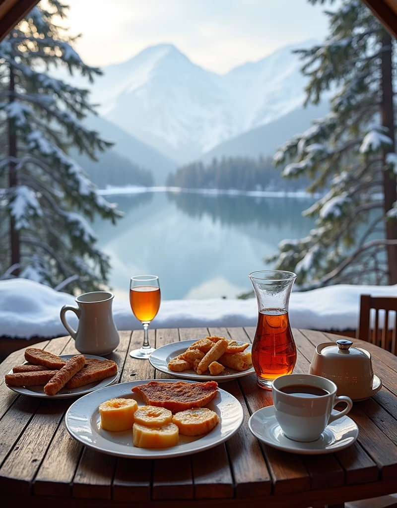 Cozy outdoor terrace in winter, cozy cabin, Stunning views of the lake from above, Very delicious breakfast, Tee