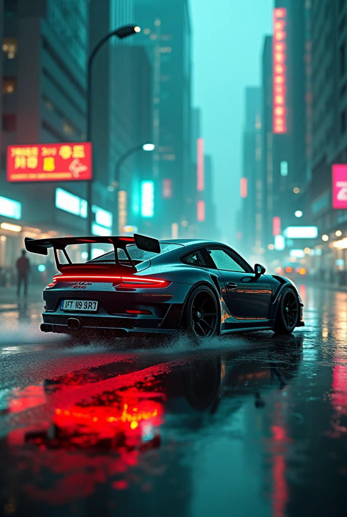 porsche 911 gt3 rs in cyberpunk neon city with teal and orange neon lights and rain