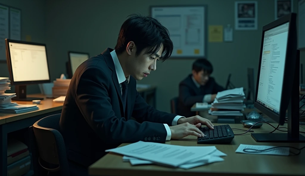 A Japanese salaryman working late overtime. The scene is realistic, depicting a late-night office. The salaryman, dressed in a suit, is focused on his computer with a tired expression. The background shows dimly lit areas and desks cluttered with documents, capturing the quiet and heavy atmosphere of late-night work