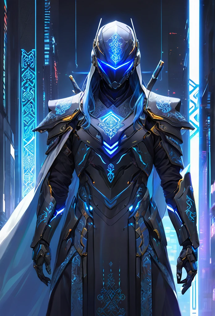**Description**:
The wallpaper showcases a full-body depiction of a futuristic Islamic warrior, blending traditional elements with advanced cyberpunk technology.yYELLOW COLOR The warrior stands tall, exuding power and righteousness, with long blue hair tied into a sleek ponytail, and intense purple eyes that glow with an otherworldly energy.
His armor is a high-tech, cyberpunk version of traditional Islamic armor. It is composed of sleek, metallic plates that cover his entire body, reminiscent of Iron Man's suit but with an Islamic cultural twist. The armor features intricate geometric patterns and calligraphy etched into the metal, glowing softly in a neon blue that contrasts with the dark, matte black of the suit. The plates are interconnected with glowing circuits, giving the armor a cutting-edge, futuristic appearance.
The warrior’s helmet, shaped in a way that respects Islamic cultural attire, has a visor that can retract, revealing his face, which is set in a calm, confident expression. The visor glows with the same neon blue light as his armor, and when activated, it displays intricate holographic readouts and symbols, reminiscent of advanced HUDs in cyberpunk settings.
His right arm is equipped with a long, cybernetic sword that seems to be a fusion of metal and light, glowing with a frosty, icy blue aura. The blade is etched with Quranic verses in flowing Arabic script, which pulse with energy. His left arm is a powerful gauntlet, capable of projecting energy shields or firing plasma bolts, with circuits running through it that glow with the same neon blue.
The warrior’s cloak is made of a high-tech, adaptive fabric that can blend into its surroundings, offering both camouflage and protection. The edges of the cloak are adorned with glowing Islamic motifs, and it flows gracefully as he moves, adding an air of mysticism to his otherwise futuristic appearance