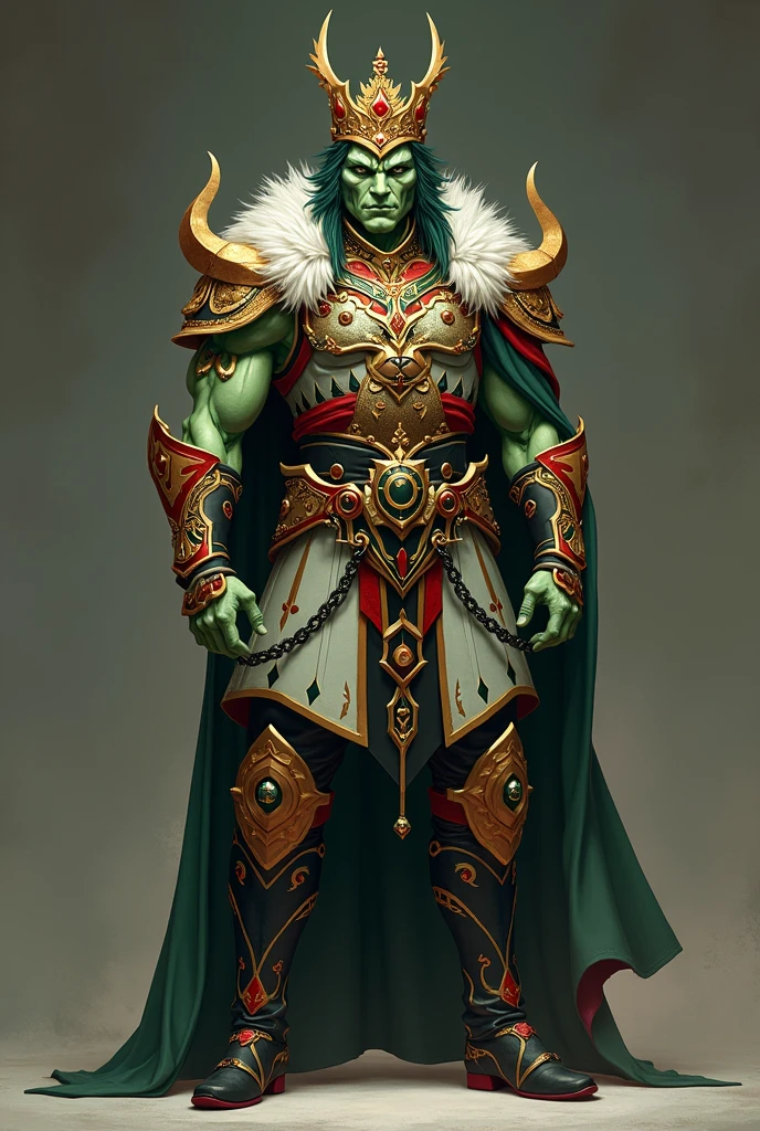 Character with a pale green rocker decorated with bright red and black colors a crown on his head of gold with red a Soldier costume with black spots decorated with pale green and Prince decorations on his costumes black shoes decorated with very dark green and red a soldier prince pants with jewels on his neck is a dangerous fighter side in te that soldier prince 