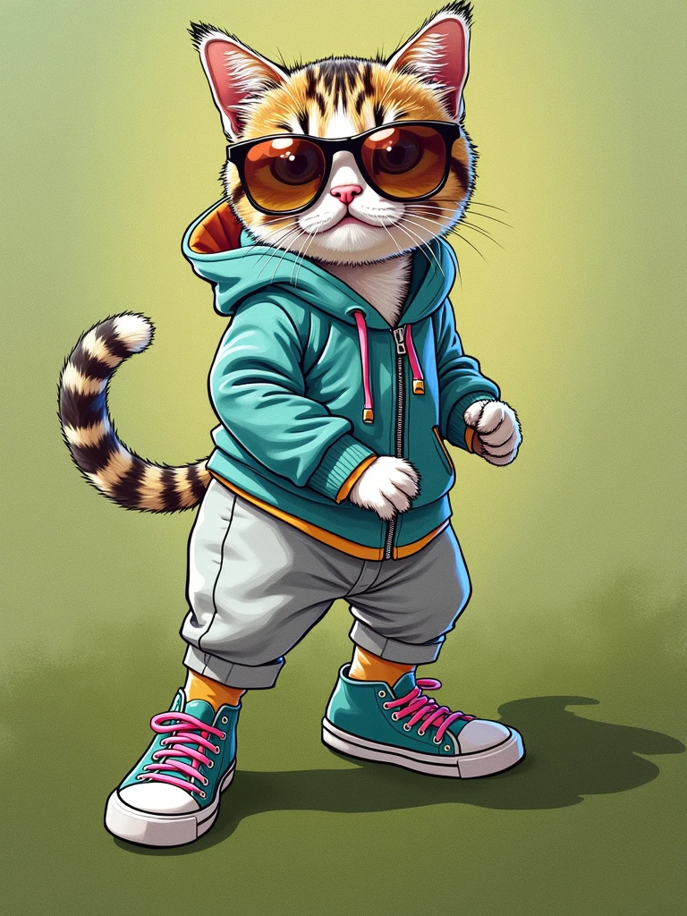 Perfect centering, a cute little cat, Wear trainers, Wearing sunglasses, cheerfulness, Standing position, Abstract beauty, Centered, Looking at the camera, Facing the camera, Approaching perfection, Dynamic, Highly detailed, sleeoing, Sharp Focus,