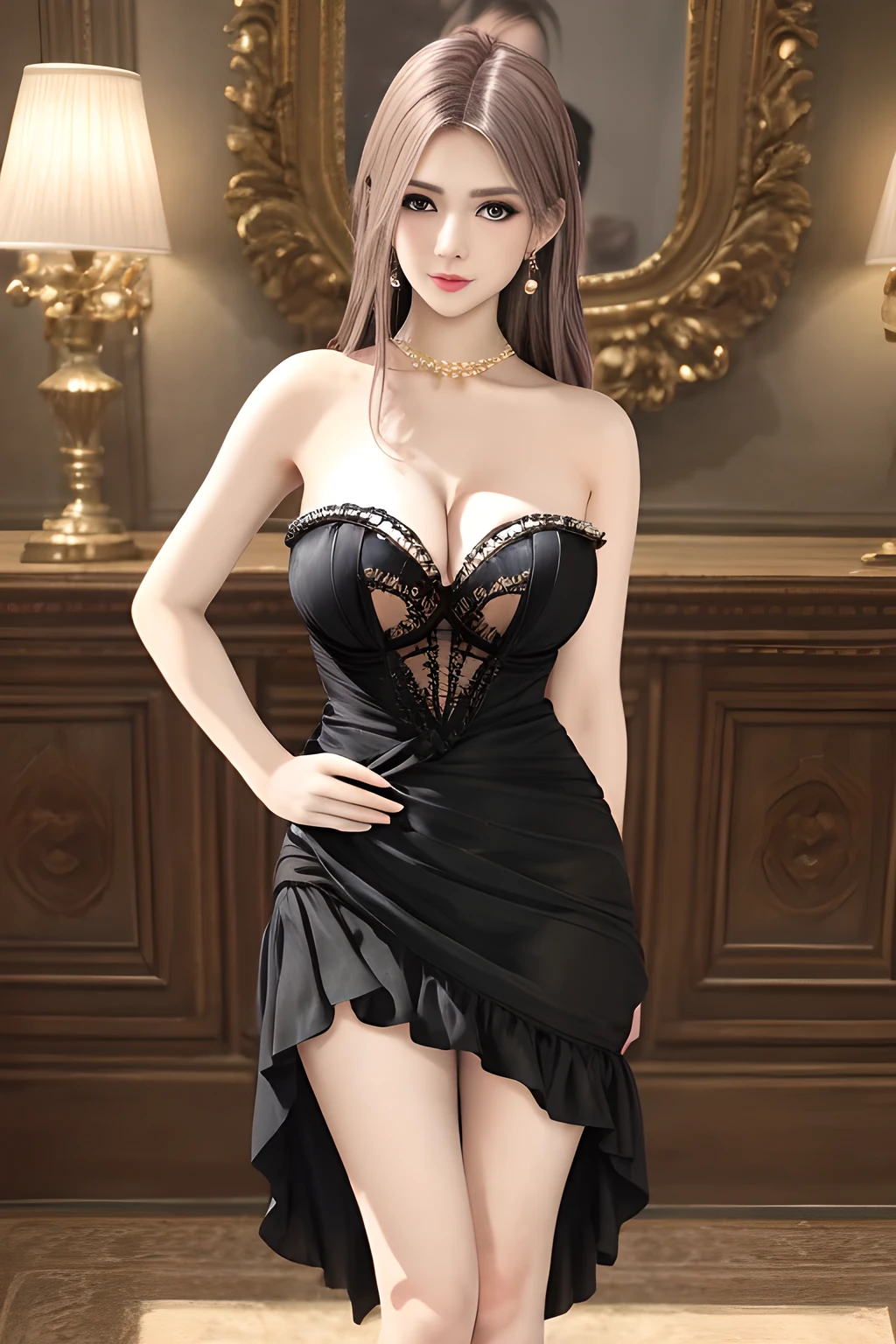 1girl ,flirtatious expression, wearing an elegant black strapless dress. The perspective-dress is beautifully designed with ruching on the bodice and a cascading ruffled asymmetrical hem, adding a playful and chic touch to the outfit. The person is standing upright, with one hand gently touching their leg and the other hand relaxed by their side. The background is plain and neutral, drawing attention to the dress itself. The lighting is soft, highlighting the details of the dress and creating a fashionable and stylish atmosphere,, huge breasts,mature women, elise