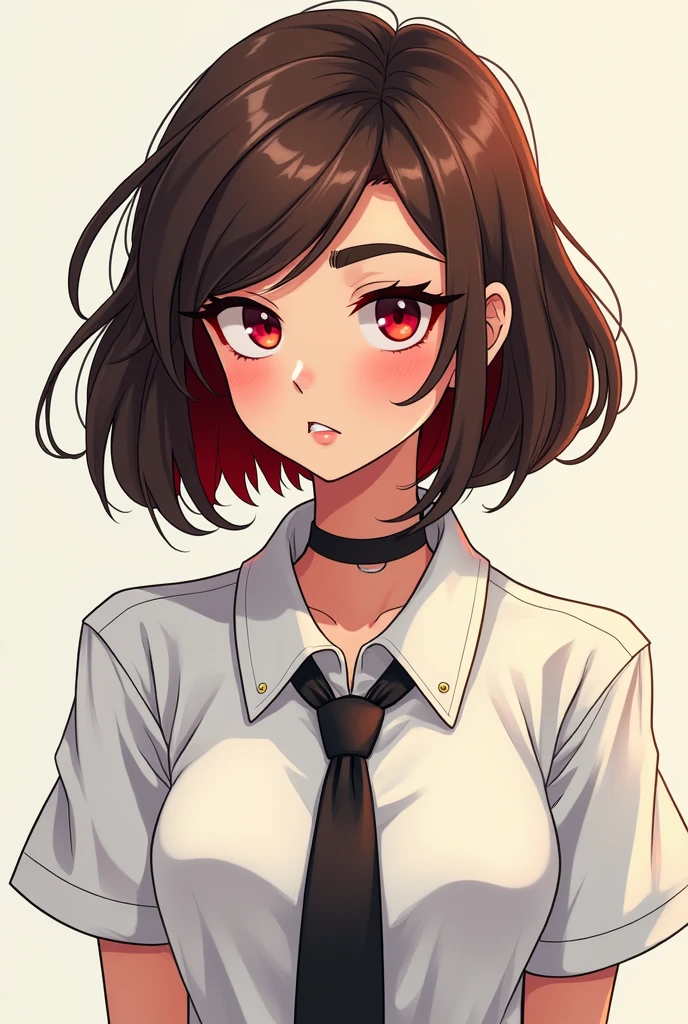 Girl, Brown Hair, wolfcut, black necktie, white Shirt, eyebrow Piercing, middle esatern, Cartoon, Red deteails