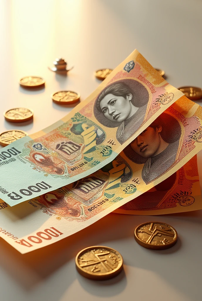 create a lot of Thai money in thick fonts with scattered coins. as phone wallpaper