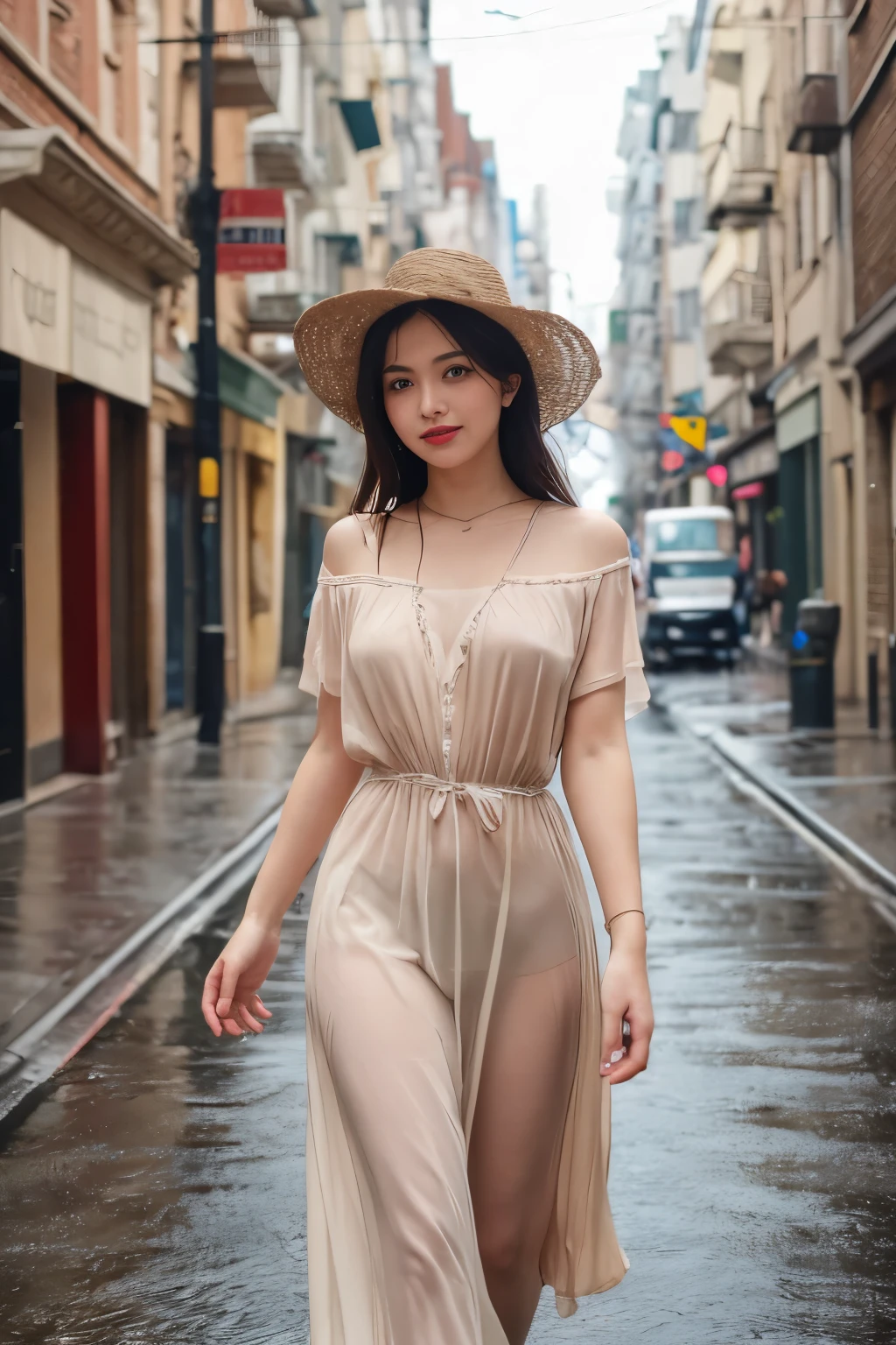 Japanese female, a lot of details, (underweight), detailed black hair, beautiful detailed hair, super fucking beautiful, delicate beautiful face, complex details beautiful and delicate eyes, perfect hands, (flat chest best quality:1.5), perfect and delicate limbs, detailed skin, best quality, ultra-detailed,(cheerful grin:1.5),(fashion show), (large audience), walking, semi long, (Fashion Model:1.1), (Cream colored loose silk long dress), dreamy atmosphere, full body shot, ground-level shot, backlighting, underlighting