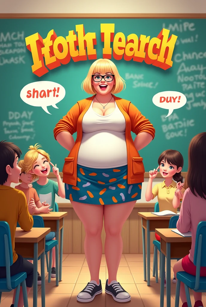 Real women, she is Blonde with short hair, she has an hourglass figure, she has a surreal, hentai-like physique, with exaggerated curves that showcase large buttocks and voluminous breasts.
Comedy movie poster entitled 'Prof et Paillettes', featuring a charismatic woman in the role of an eccentric teacher, with a huge bosom that commands attention. Her bright smile and the glasses on her nose add a touch of charm. She wears a colorful cardigan over a fitted white blouse, showing off her figure, with a playfully patterned skirt and comfortable shoes. In the background, a lively classroom with students laughing and having fun. The film's title is written in bright, dynamic letters, surrounded by humorous dialogue bubbles, suggesting an adventure full of laughter and unexpected lessons.