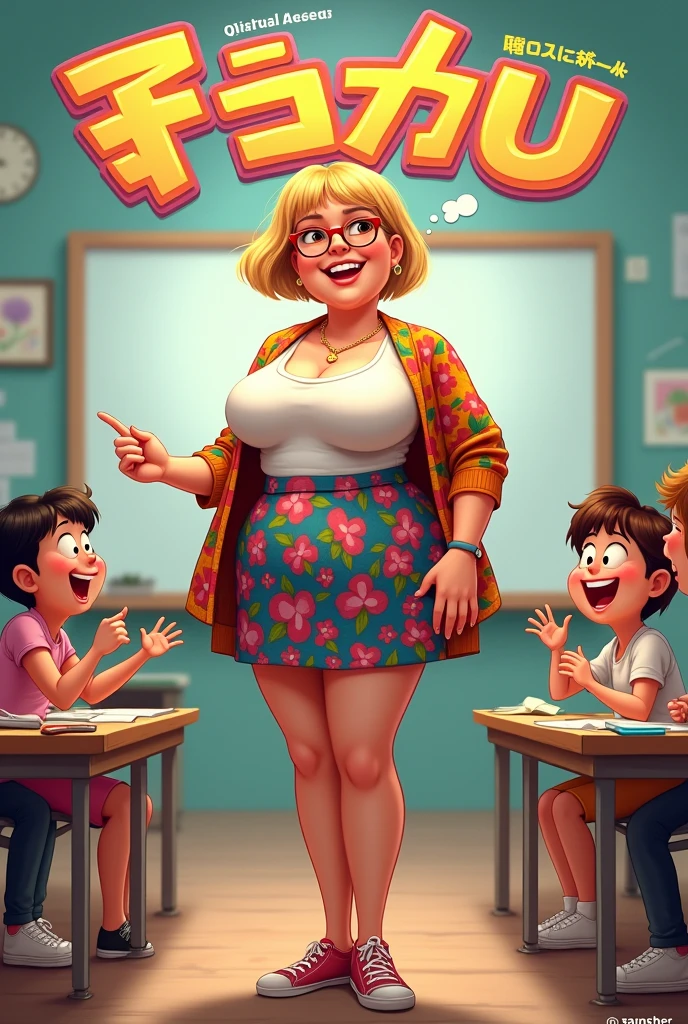 Real women, she is Blonde with short hair, she has an hourglass figure, she has a surreal, hentai-like physique, with exaggerated curves that showcase large buttocks and voluminous breasts.

Comedy movie poster entitled 'Prof et Paillettes', featuring a charismatic woman in the role of an eccentric teacher, with a huge bosom that commands attention. Her bright smile and the glasses on her nose add a touch of charm. She wears a colorful cardigan over a fitted white blouse, showing off her figure, with a playfully patterned skirt and comfortable shoes. In the background, a lively classroom with students laughing and having fun. The film's title is written in bright, dynamic letters, surrounded by humorous dialogue bubbles, suggesting an adventure full of laughter and unexpected lessons.
