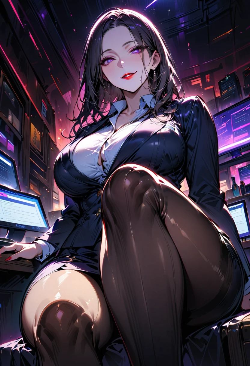 Mature beautiful woman,(Highest quality,Extremely detailed depiction,Incredibly absurd high resolution,Anatomically accurate depiction,Curvy Legs,Shiny skin,Porcelain-like skin),(Office Lady,An excellent female secretary,Villainess),(business suit,Tight Skirt,Formal Shirt,Black Pantyhose,Luxurious accessories),eyelash,(Purple eyes,Detailed pupil,Half-closed eyes:1.3,Large Breasts,Wicked Smile,lustrous red lips,Sitting,Seductive gestures),whole body,(background:In the office),（View from below:1.3）