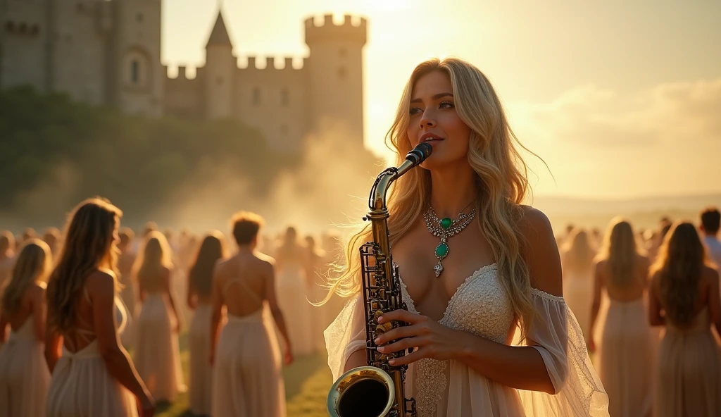 A fantasy, beautiful girl playing Saxophone, she's wearing a white sheer transparent sexy dress, she has (BIG large breast and long blode hair, her dress is very low cut revealing clearage, ((nude)), she is wearing emeralds and silver Jewels, there is an Irish castle in the background, she is the most beautiful woman in the world, with a soft smile, the is a warm light, there is a large crowd of people around her