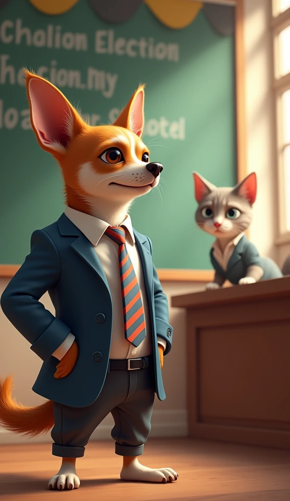 Image 1: The Chihuahua, dressed in a smart blazer and tie, stands confidently in front of a "School Election Day" banner, while the cat, dressed in a professional dress, looks skeptically from a nearby desk