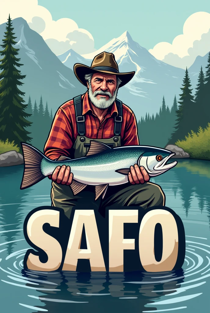 Logo with SAFO Acronym, fisherman on the lake holding a specimen of salmon 
