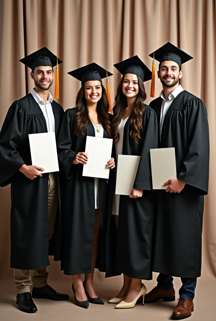 Four senior high school students—two BOYS and two GIRLS infront of a senior picture backdrop, and they’re wearing their cap and gowns with their diplomas.