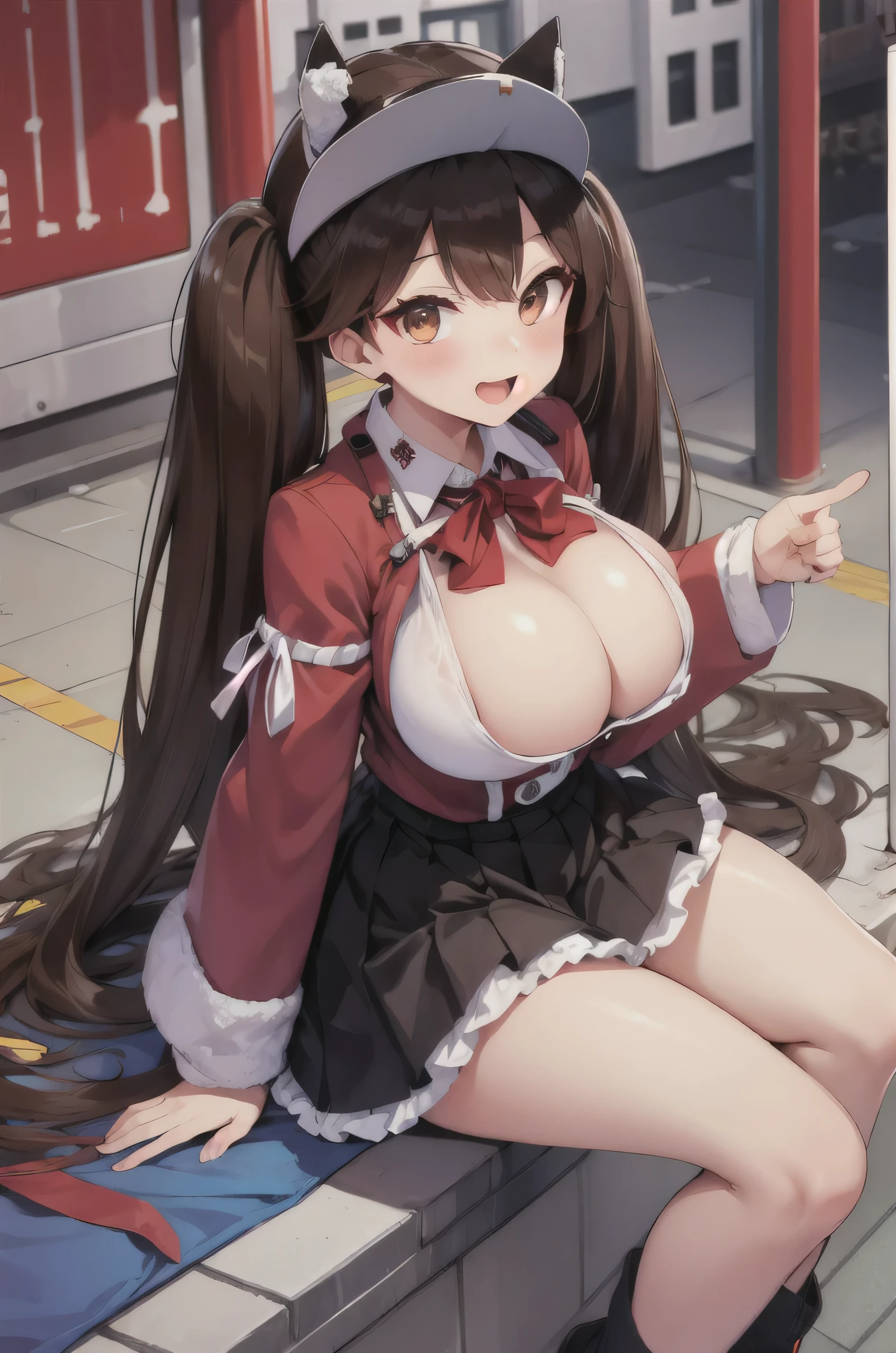 Highest quality, masterpiece, High resolution, 一人w, {Ryujo_Fleet Collection:1.15}, brown_hair, Tww tails, brown_eye, magwama, visor_cape, His posts, length_hair, smile, Open_mouth, one person, Bell, hw, Lookwg_w_Audience, bag, santa_Costumes, santa_hw, animal_hw, cw_hw, Handbag, white_Handbag, shikigami, skirt、(Huge breasts:1.4)