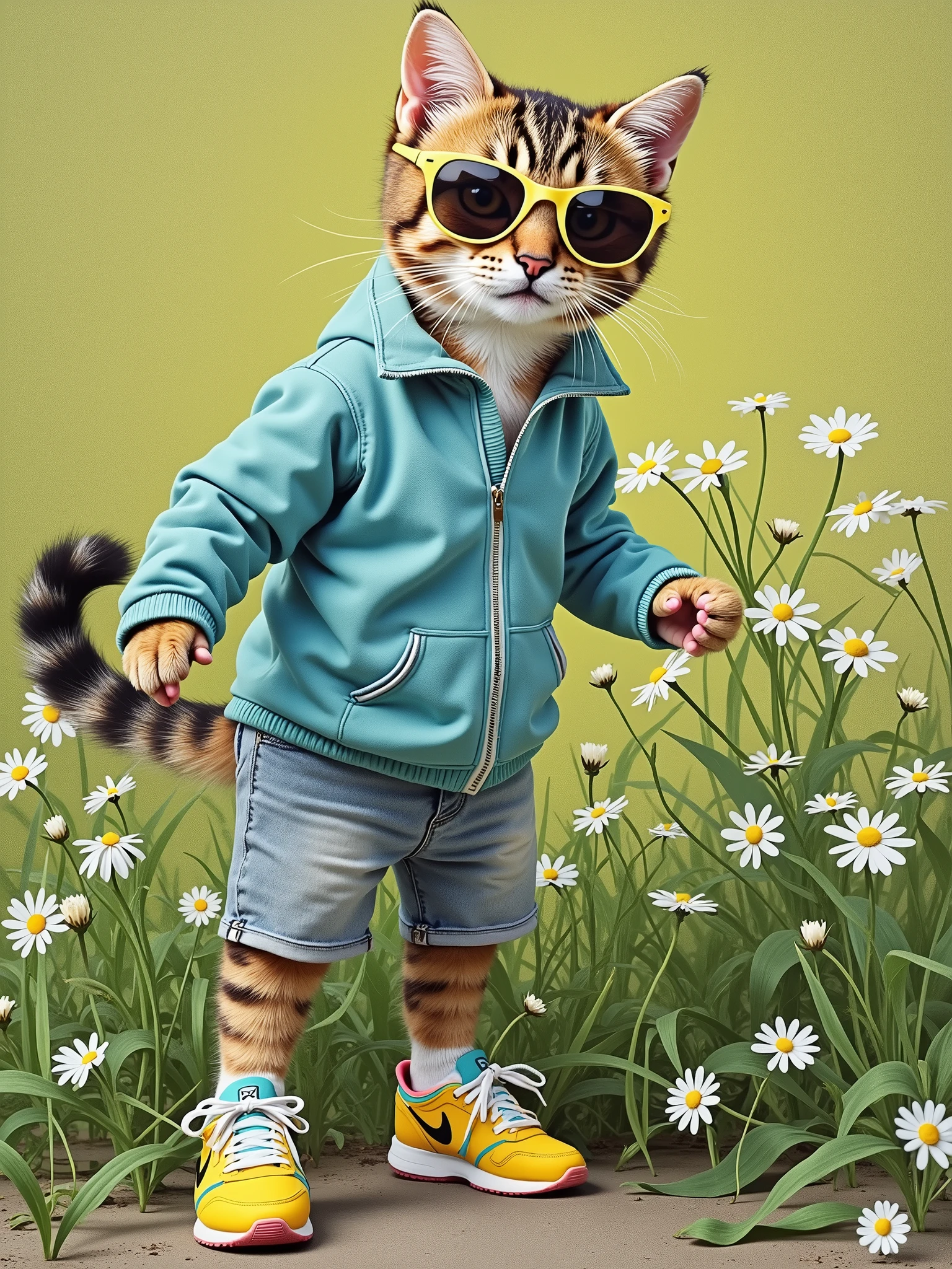 Perfect centering, a cute little cat, Wear trainers, Wearing sunglasses, cheerfulness, Standing position, Abstract beauty, Centered, Looking at the camera, Facing the camera, Approaching perfection, Dynamic, Highly detailed, sleeoing, Sharp Focus,