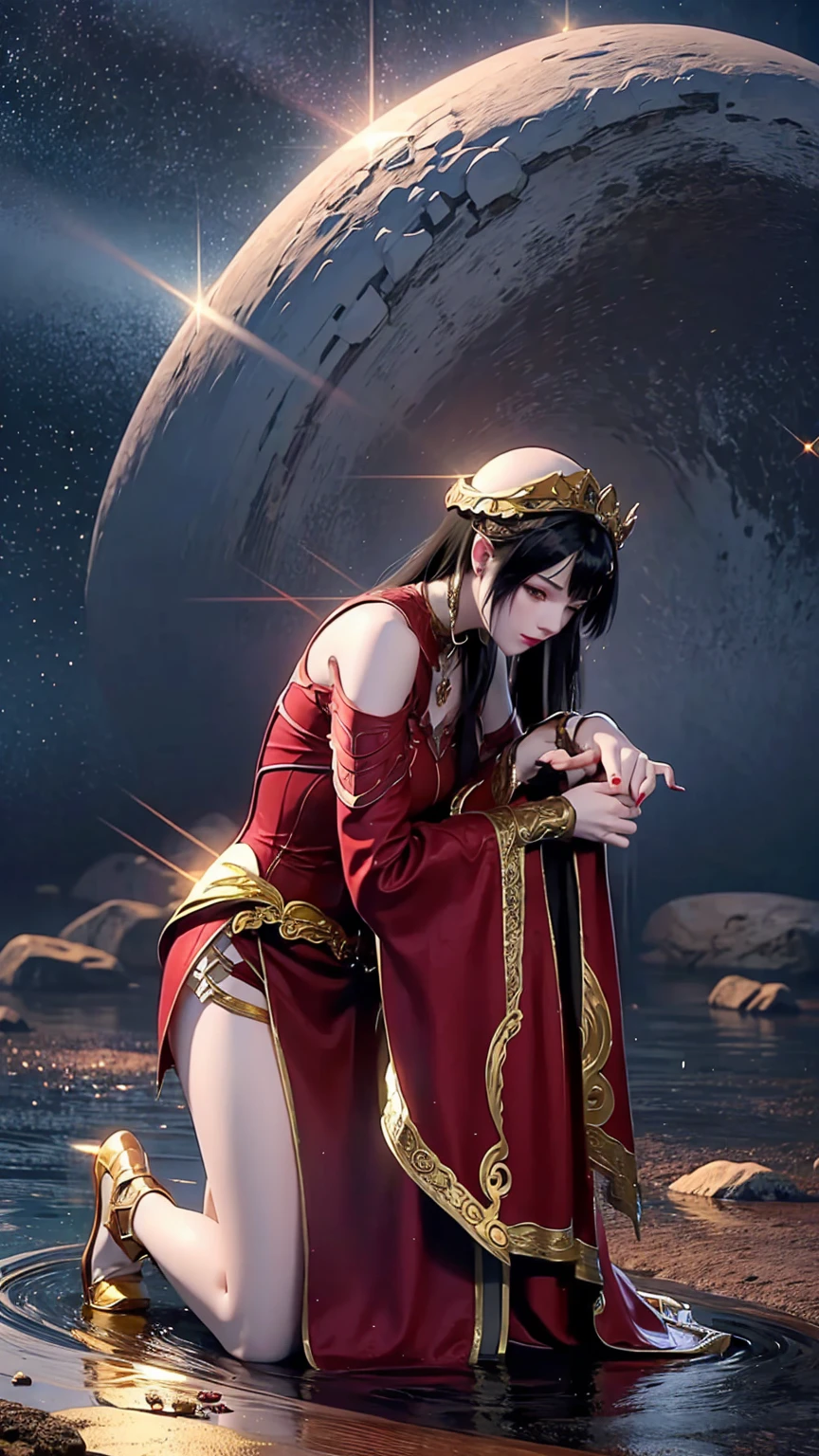 Cartoon woman kneeling on the starry sky, Water splashes at the knees,CG Social Trends, Smooth anime CG art, Starry sky background,Full body view,Royal sister kneeling posture