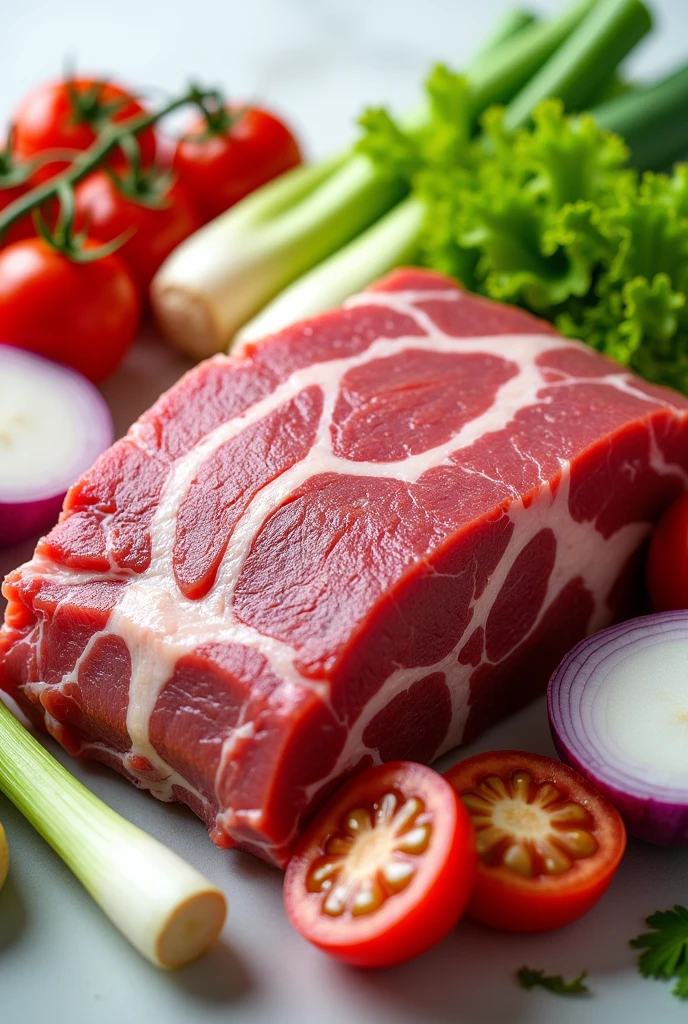 Make a picture of a rack of pork: raw but with a lot of meat. With a fairly bright background color. Vegetables such as onions accompanying, leeks, tomato and lettuce. Some of the vegetables should be cut in half