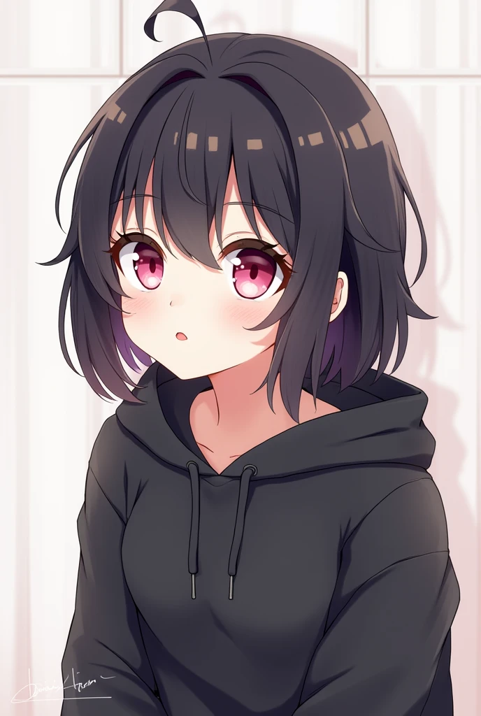 cute character with medium black hair and bangs, white skin and black sweatshirt and pink eyes, anime style for profile picture